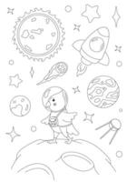 Coloring page with corella parrot astronaut, rocket, moon and stars. template for children coloring book, print and poster. vector