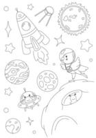 Coloring page with corella parrot astronaut, rocket, moon, aliens and stars. template for children coloring book, print and poster. vector