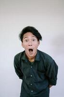 Man in a black shirt with a shocked expression, wide eyes, and open mouth photo