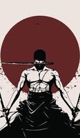 A man stands with a sword, silhouetted against a striking red sun in the background vector