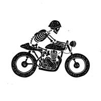 A black and white image of a skeleton confidently riding a motorcycle, showcasing a unique and edgy aesthetic vector