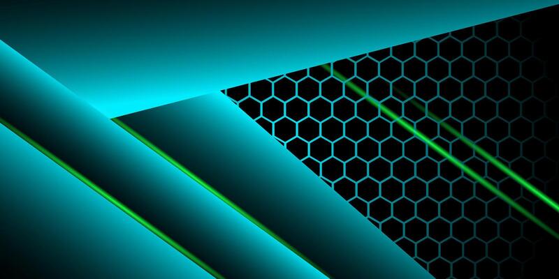 Abstract bright turquoise green background with gradient shapes. Green hexagon mesh pattern decoration. eps10