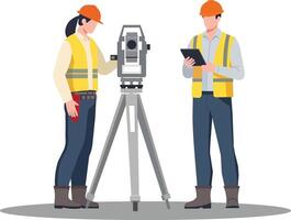 Two construction workers using theodolite for surveying on site. They wear safety helmets and vests, showcasing teamwork and precision in their work vector