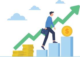Financial success illustration with man climbing steps towards growth vector