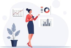 businesswoman in red blouse and skirt stands confidently, holding smartphone while analyzing charts and graphs on wall. scene conveys professionalism and focus vector