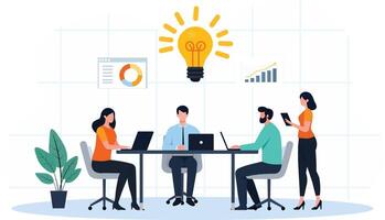 Team meeting with brainstorming ideas, laptops, and charts in modern office vector