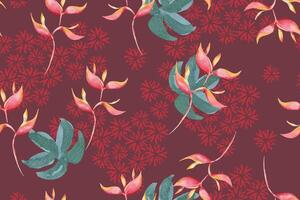 Seamless pattern of monsterra,Bird of Paradise, tropical plant painted in watercolor.On red background.For fabric and wallpaper designs from the forest.Flower tropical background. vector