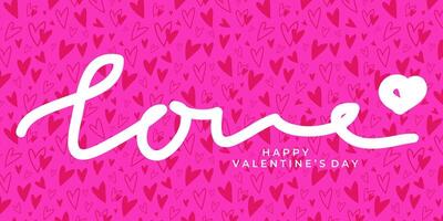 Happy Valentines Day banner with hearts pattern and handwriting Love on pink background. Modern art design, Valentines Day concept vector