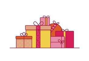 Stack of festive gift boxes wrapped in paper and decorated with ribbons and bows. Pile of packaged presents or surprises isolated on white background. illustration in modern line art style vector
