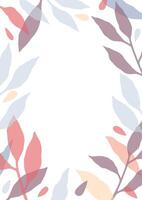 Vertical card template decorated with frame or border made of colorful translucent tree branches with leaves on white background. Beautiful natural decoration. Modern flat floral illustration vector