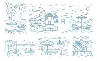 Collection of summer landscapes with sea or ocean, mountains, sailing yachts and seaside resort drawn with contour lines on white background. Monochrome illustration in modern lineart style vector