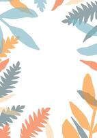 Decorative card template with frame or border made of colorful translucent leaves of forest plants, ferns and herbs on white background. Botanical decoration. Summer flat floral illustration vector