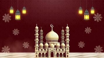 Majestic charm of Islamic lanterns and A large light beige mosque structure on a red background. The animation offers a spacious area for adding text or other creative elements. video