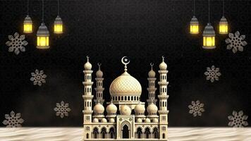 Majestic charm of Islamic lanterns and A large light beige mosque structure on a black background. The animation offers a spacious area for adding text or other creative elements. video