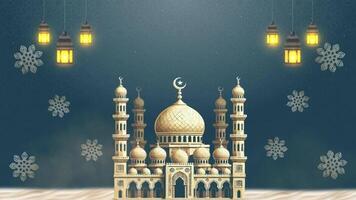 Majestic charm of Islamic lanterns and A large light beige mosque structure on a blue background. The animation offers a spacious area for adding text or other creative elements. video