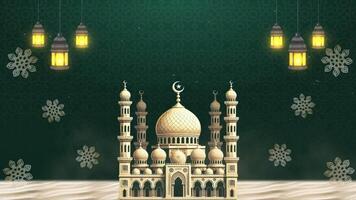 Majestic charm of Islamic lanterns and A large light beige mosque structure on a green background. The animation offers a spacious area for adding text or other creative elements. video