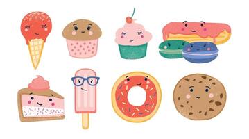Bundle of various sweet desserts and baked confections with cute smiling faces isolated on white background. Adorable funny cartoon characters. Colorful childish illustration in flat style vector