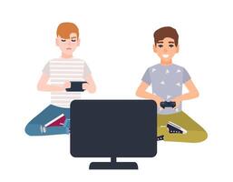 Pair of young boys sitting in front of display and holding gamepads. Children playing games isolated on white background. Gamer's battle. Colorful illustration in flat cartoon style. vector