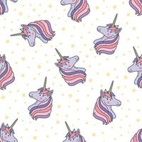 Colorful seamless pattern with unicorn heads. Backdrop with magical creatures with horn, fairytale animals and stars. Childish illustration for textile print, wallpaper, wrapping paper vector