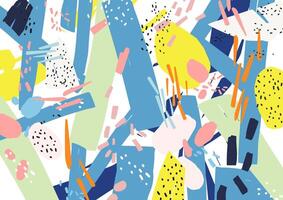 Creative horizontal artistic backdrop with abstract shapes, patches and speckles of vivid colors on white background. Bright colored decorative illustration in cool contemporary art style vector