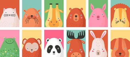 Collection of colorful card templates with portraits of different funny adorable wild and domestic animals isolated on white background. illustration for children in flat cartoon style vector