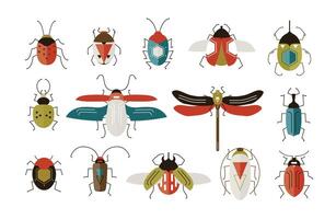 Collection of various colorful geometric insects with wings and antennas isolated on white background - bugs, beetles, dragonfly, ladybug, cockroach. Cartoon illustration in modern flat style vector
