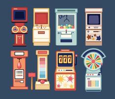 Collection of arcade games, coin-ops and casino gambling slot machines isolated on grey background. Bundle of devices for entertainment. Colorful illustration in flat cartoon style vector