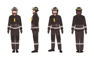 Firefighter or fireman wearing protective clothes or uniform and helmet isolated on white background. Male cartoon character. Front, back and side views. Colorful illustration in flat style vector