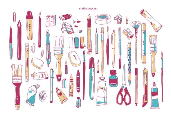 Bundle of hand drawn stationery or writing utensils. Set of writing and art supplies isolated on white background - brush, pen, pencil, marker, utility knife, sharpener. illustration