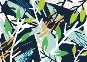 Horizontal abstract backdrop with forest thicket, tree branches, leaves, colorful blots and patches. Modern vivid colored stylish background. Creative illustration in contemporary art style vector