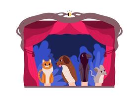 Hand puppets or animals manipulated by puppeteer at theater stage isolated on white background. Entertaining performance and storytelling for children. Flat colorful cartoon illustration vector