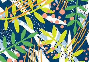 Modern horizontal natural backdrop with tree branches, leaves and colorful abstract stains and scribble on blue background. Bright colored decorative illustration in trendy artistic style vector