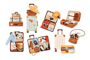 Suitcases with travel accessories set. Travel essentials like luggage, passport, and camera. Tourism, adventure journeys, and packing concept. Flat illustration. vector