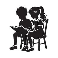 Silhouette of Students Reading and Writing at a Table vector