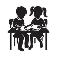 Silhouette of Kids Focused on Learning at Desk Illustration vector