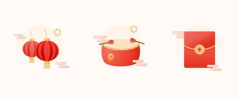 Red lanterns, drum, and red envelope icon set illustration. Symbolize Chinese New Year. suitable for holiday or festive themed designs and decorations. vector