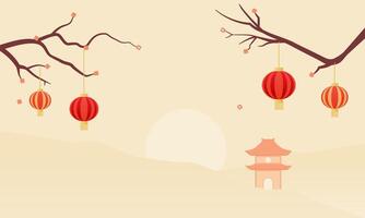 Chinese New Year background concept. Red lanterns amidst cherry blossoms by a pagoda, creating a serene sunrise scene. Perfect for travel, Asian culture, spring concepts. vector