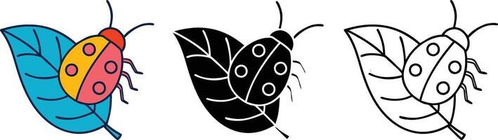 Ladybug on Leaf Colorful, Black, and Outline Illustrations vector