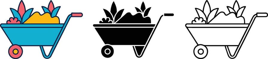 Gardening Wheelbarrow Icons Color, Black, Outline, Plants, Soil, Tools vector