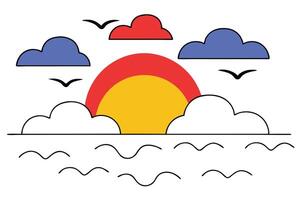 Sunset Ocean Scene Birds, Clouds, and Colorful Sky vector