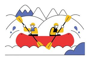Two Adventurers Kayak Mountain Rapids, Teamwork, Paddle, River vector
