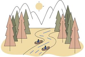 Canoeing Adventure River Journey Through Mountainous Pine Forest vector