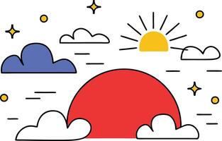 Sunset Sky Colorful Clouds, Sun, Stars, Simple Illustration vector