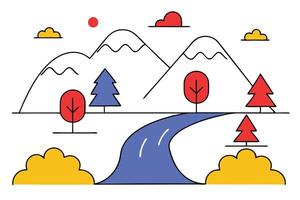 Simple Line Art Scenic River Landscape Mountains Trees Clouds vector