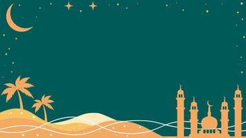 Ramadan kareem theme horizontal background. Green color ramadan banner with mosque, moon and tree. Place for text. illustration in flat design style vector