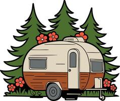 Retro Camper in Forest Scene vector