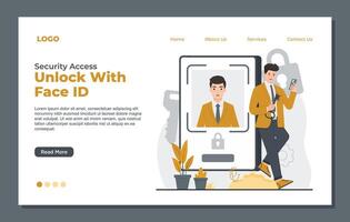 Landing page template secure access facial recognition technology security face id unlock phone vector