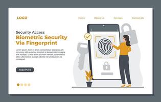 Landing page template featuring biometric fingerprint access for quick, safe, and personalized security vector