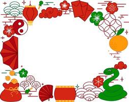 Green snake, Chinese New Year or Lantern Festival greeting card template oval frame with lanterns and classic elements. graphic line illustration vector