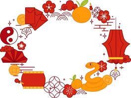 Chinese graphic line illustration with cute Snake, red lanterns, plum blossoms, mandarin, gold coin and red envelope. oval frame on transparent background vector